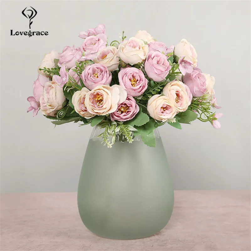 Lovegrace Small Bunch Artificial Flower 5 Forks Silk Rose Mini Bouquet Wedding Girl Holding Flower Fake Rose Wedding Home Decor