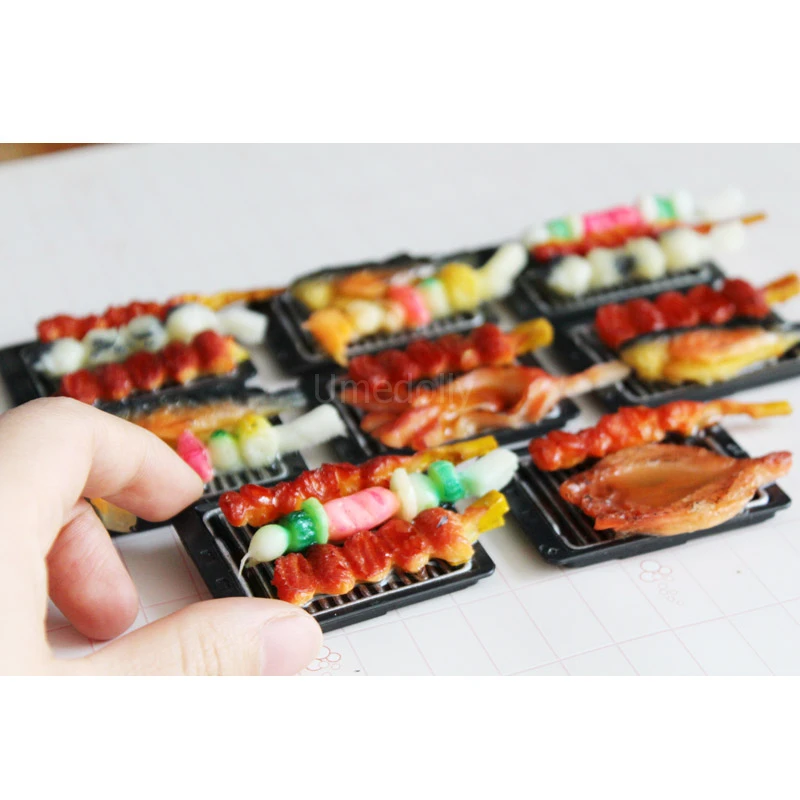 1/6 Scale Cute Barbecue Skewered Meat or Kabob Fish Dollhouse Miniature Doll Food Pretend Play Mini Kids Kitchen Toy 2PCS