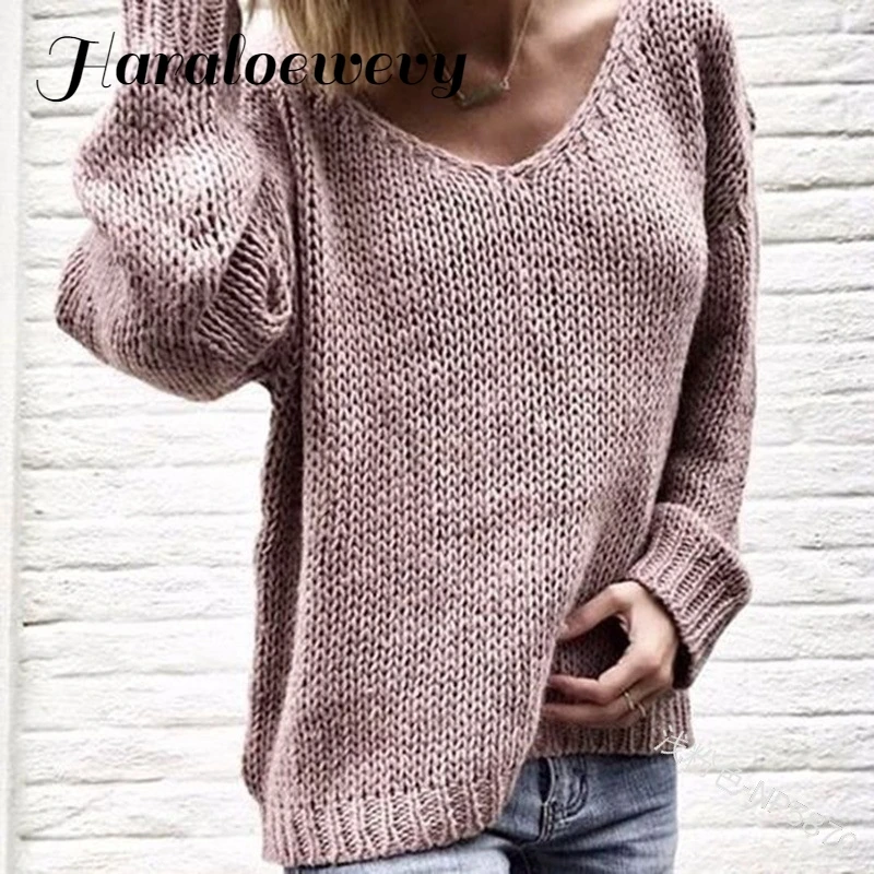 2019 V Neck Solid Pink Women Sweaters Pullovers Loose Knitted Autumn Winter Clothing Casual Pullover Plus Size Pull Femme | Женская