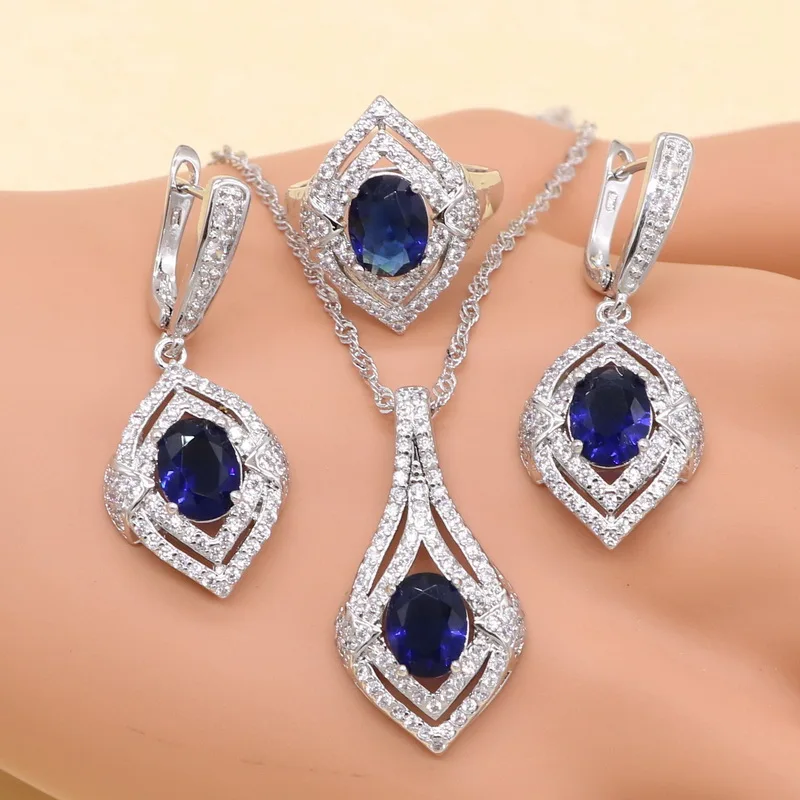 XUTAAYI, Новое поступление, серебро 925, ювелирные наборы для женщин, синее полудрагоценное ожерелье, подвеска, серьги, кольцо, браслет, рождественский подарок - Окраска металла: Blue 3PCS