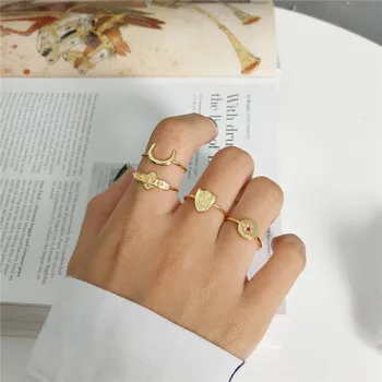 

RUIYI Real 925 Sterling Silver Women Fashion 18K Gold Rings Moon Star Shield Baby Deisgn Mini Rings Korean Japanese Style Rings