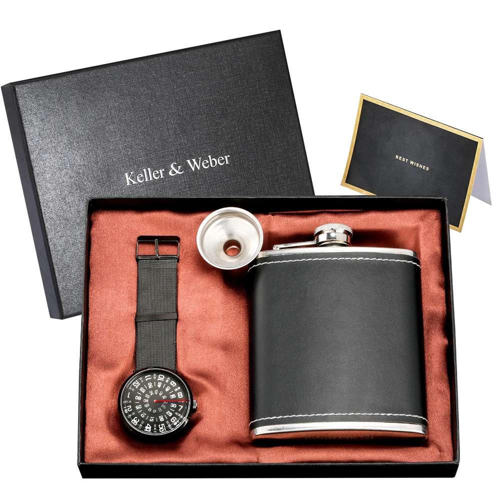 

2020 Men Fashion Gift Set Top Luxury Brand Quartz Wrist Watches Stainless Steel PU Leather Hip Flask with Funnel Birthday Gifts
