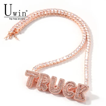 

Uiwn Name Necklace Baguette Letters With Tennis Chain Full Iced Out Zircon Pendant Gift Hiphop Jewelry