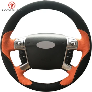 

LQTENLEO Black Suede Orange Leather DIY Car Steering Wheel Cover For Ford Mondeo Mk4 2007-2013 S-Max 2006-2011 Galaxy 2011-2015