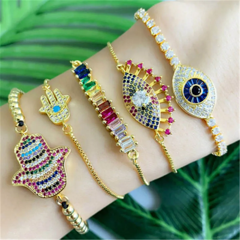 

Luxury Zircon Evil Eye Fatima Palm Golden Bracelet For Women Rainbow Crystal Bangles Adjustable Jewelry Fashion Boho Autumn 2019