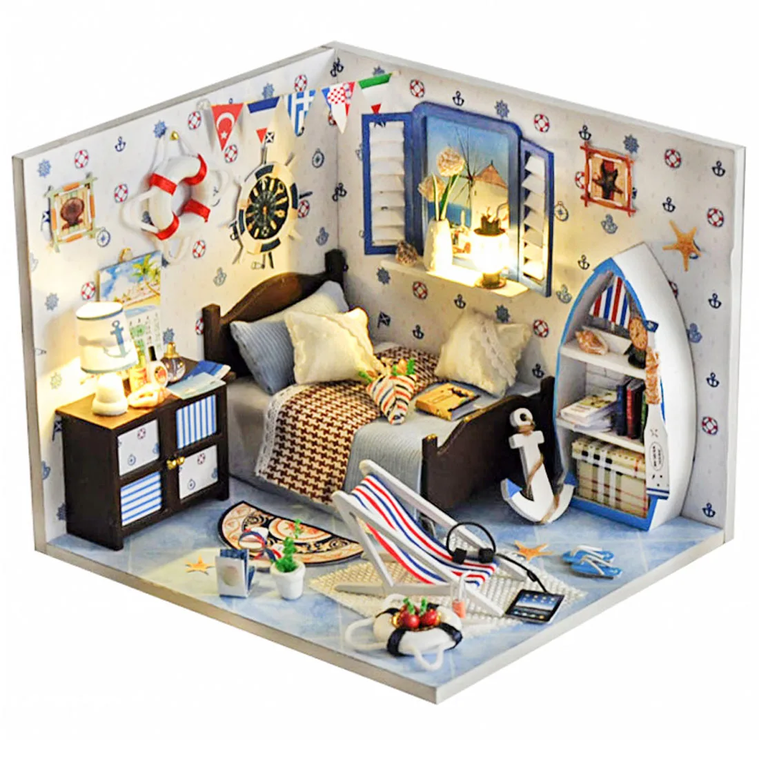 

Doll House DIY Creative Handmade Theme Wooden Cabin Assembly Building Model Toy Set With Light And Dust Cover For Kid-Summer Sea