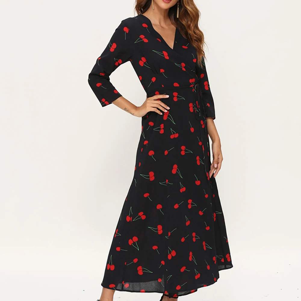 YMING Boho женское Макси платье Auntum вечерние длинные платья элегантные Vestidos Сплит Вишневое пляжное платье с v-образным вырезом черные платья