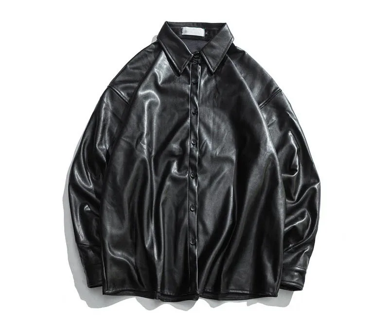 Men Fashion Leather Shirts Loose Oversized Leather Outwear Coats For Couples Black  (2)