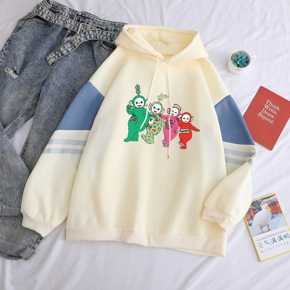 Apricot Kawaii Teletubbies Лоскутные толстовки с капюшоном и длинным рукавом модный Забавный мультяшный Контрастный ЦВЕТНОЙ женский флисовый пуловер Повседневная одежда - Цвет: Apricot