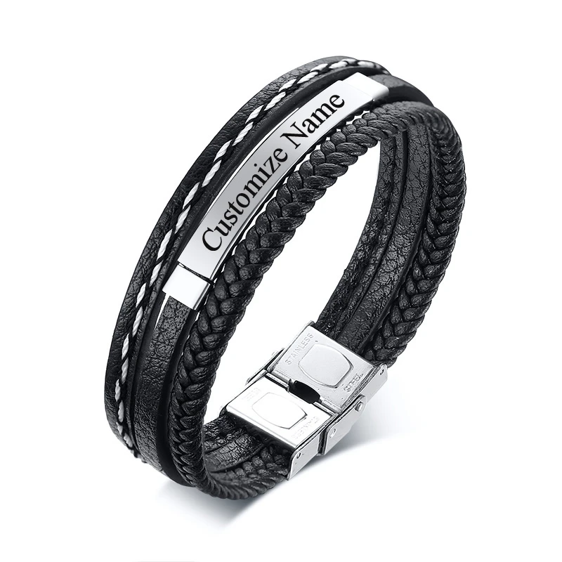 Multi-layer Braid PU leather Wrap Bracelets Men Custom Name Stainless Steel ID Bracelet Men Handmade Jewelry Wholesale afbeelding