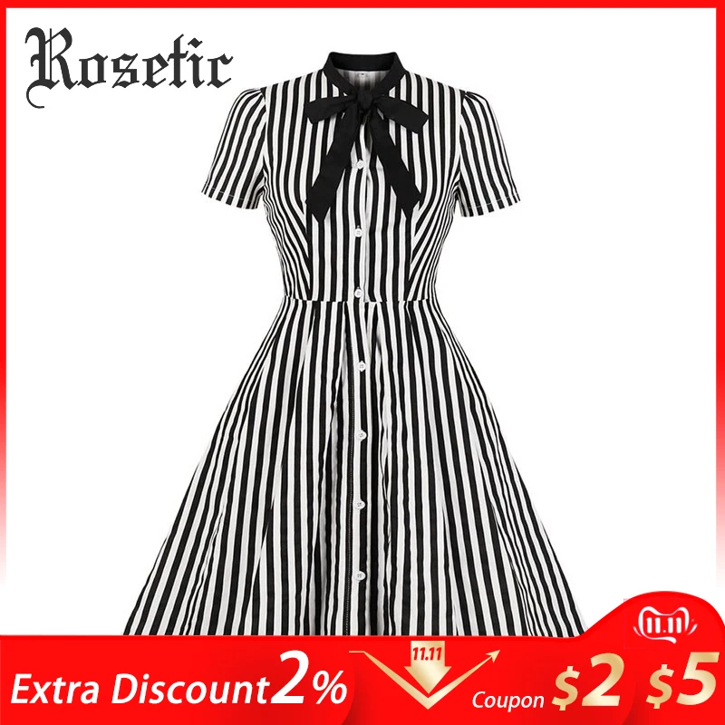 Skup 2019 Vintage Stripe Midi sukienka kobiety lato muszka kołnierz z krótkim rękawem eleganckie biuro Casual stylowe Goth sukienki rockabilly
