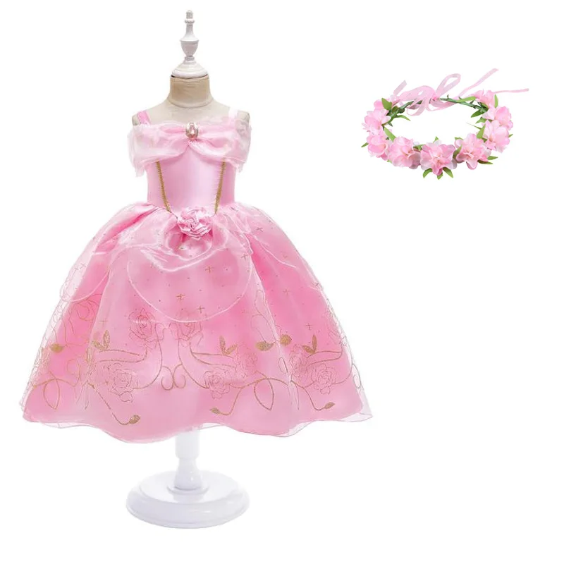 Dress and Wreath Платье принцессы Авроры для девочек детский нарядный костюм Спящей красавицы детская одежда для карнавала, дня рождения, праздника, праздника, розового цвета - Цвет: Dress and Wreath