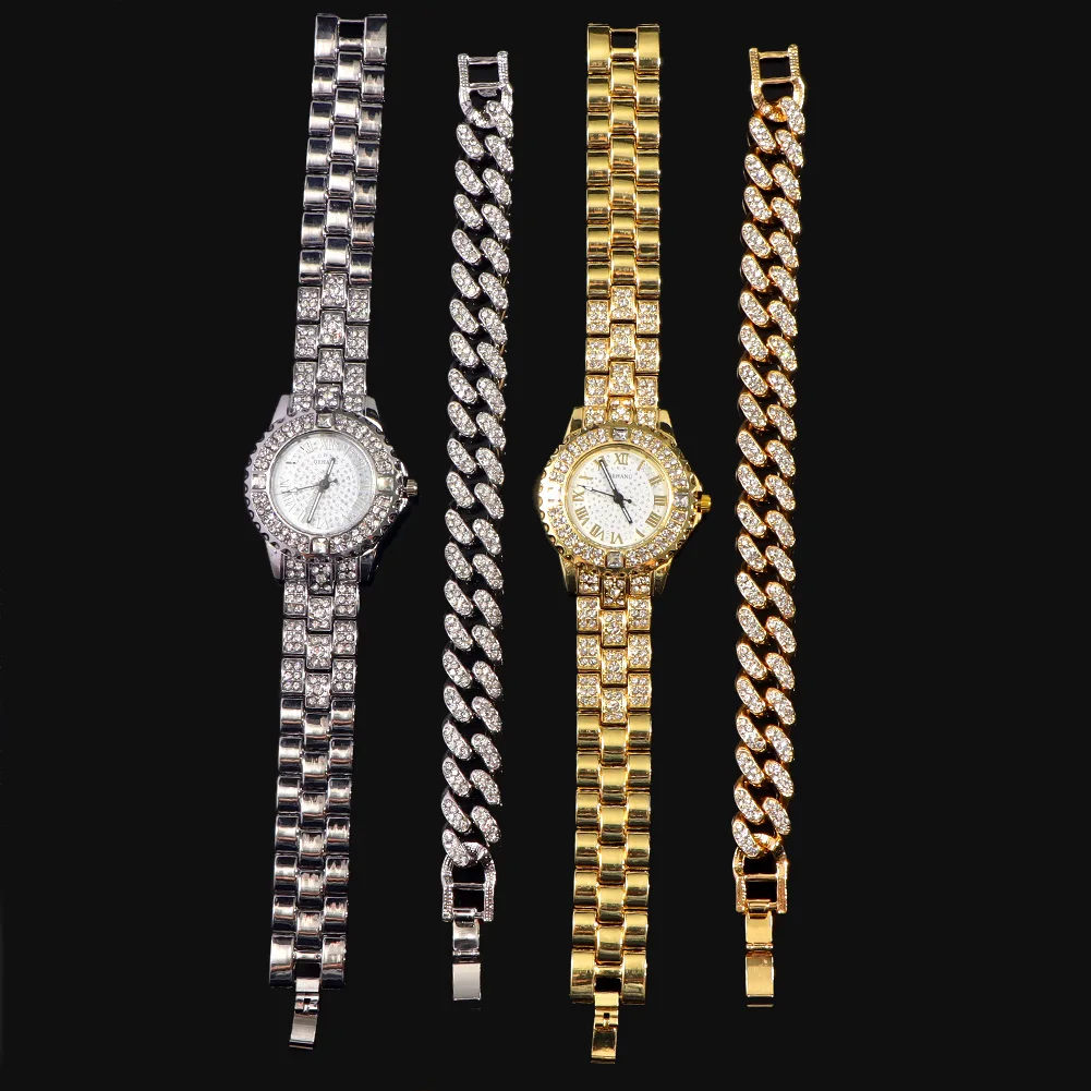 Luxury Women Iced Out Watches Gold Silver Color Cuban Chain Bracelet Watches Full Rhinestone Wrist Watch Men Fashion Jewelry