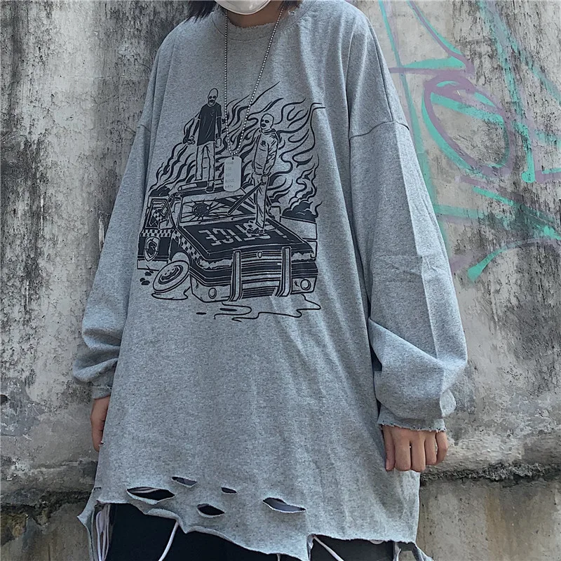 Lychee Harajuku Свободные повседневные женские толстовки с круглым вырезом топ с принтом пламени отверстие Женская Толстовка Топы весна осень женские пуловеры