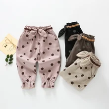 Модные бархатные штаны для маленьких девочек; сезон осень-зима брюки в горошек с бантом детская одежда длинные штаны принцессы