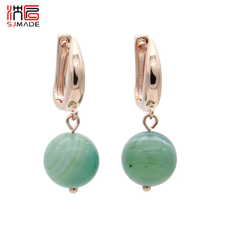 

SJMADE 2019 Fashion Round Banded Agates Dangle Earrings 585 Rose Gold Simple Fine Personality Women Girl Wedding Jewelry Eardrop