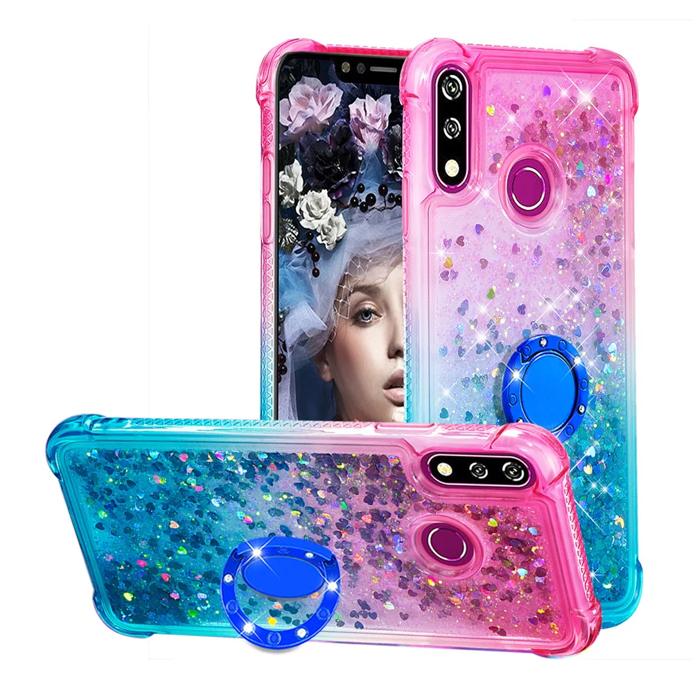 

For LG W10 Case Gradient Shockproof Moving Glitter Liquid Quicksand Cushion Reinforced Corners Case Ring Holder