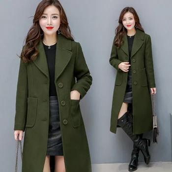 

Plus Size Solid Classic Temperament Windbreake Female Botton Women Winter Jacket Woolen Coat Wool Coat Turn-Down Collar 2019