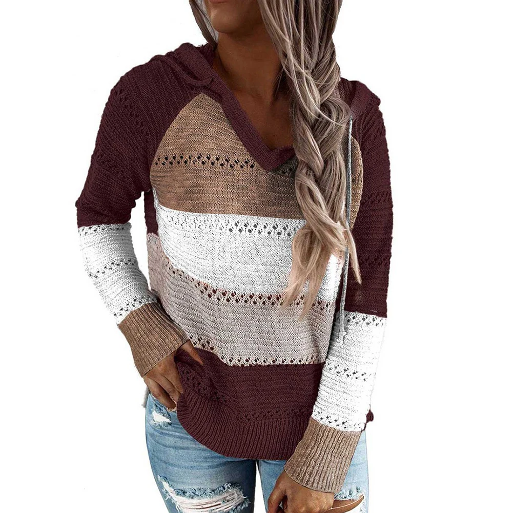 

HUNTER WISH Ladies Hollow Out Hooded Sweater Autumn Winter Striped Casual Loose Fitting Pullover Drawstring Outwear Knitwear