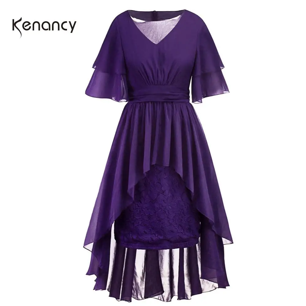 Kenancy размера плюс L~ 5XL женское бальное платье, сексуальное платье с v-образным вырезом и расклешенными рукавами, кружевное шифоновое платье в стиле ретро, несимметричные вечерние платья