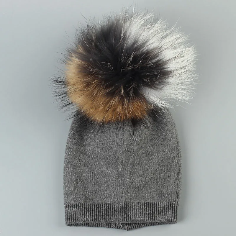 Осенне-зимняя шерстяная шапка Skullies Beanies с енотовым настоящим помпоном для новорожденных, мешковатая шапка для маленьких девочек и мальчиков, шапочка - Цвет: Dark Grey 3C-2