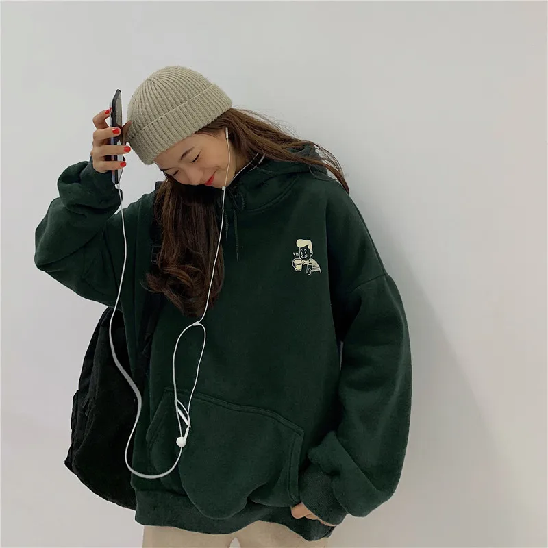 Cartton Print Hoodies Sweatshirts Women Hooded Letter Pullover Loose Velvet Autumn Winter Oversized Outwear Big Pocket Warm W170