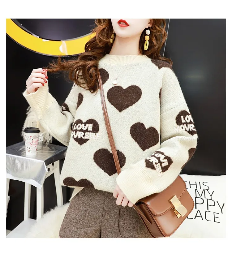 Letter Heart Oversized Sweater Women Knitted Winter Jumper Korean Harajuku Elegant Pullovers Casual Clothes Warm Loose V901