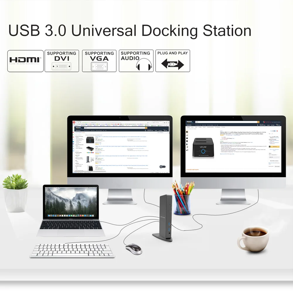 Wavlink USB 3,0 Универсальная док-станция для ноутбука из алюминиевого сплава двойной видео HDMI DVI Gigabit Ethernet расширение/зеркало видео режим