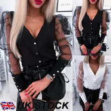 UK Новая женская прозрачная Сетчатая футболка с длинными пышными рукавами, топы, Женская Повседневная Свободная блузка