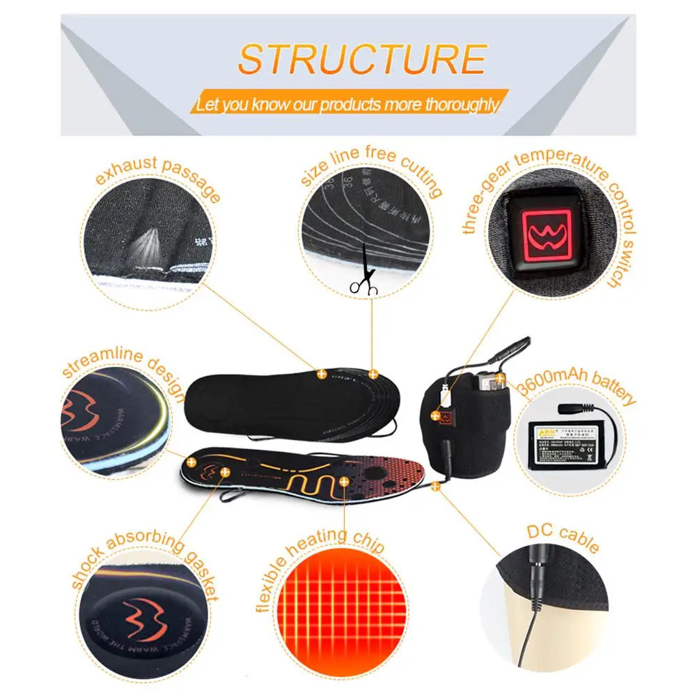 1 Pair of Heated Insoles Battery Powered Rechargeable Heated Shoes Insoles Winter Skiing Foot Warmers for Men and Women