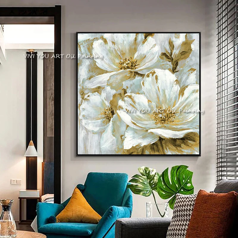 

The Best White Golden Foil Plant Hand-painted Abstract Art Oil Painting On Canvas Paintings For Home Decor Arts Large Flower