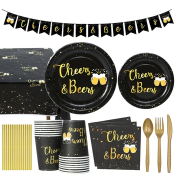 

Black Gold Theme Party Supplies Cheers Beers Disposable Tableware Set Plates Cups Banner Adult Wedding Birthday Party Decoration