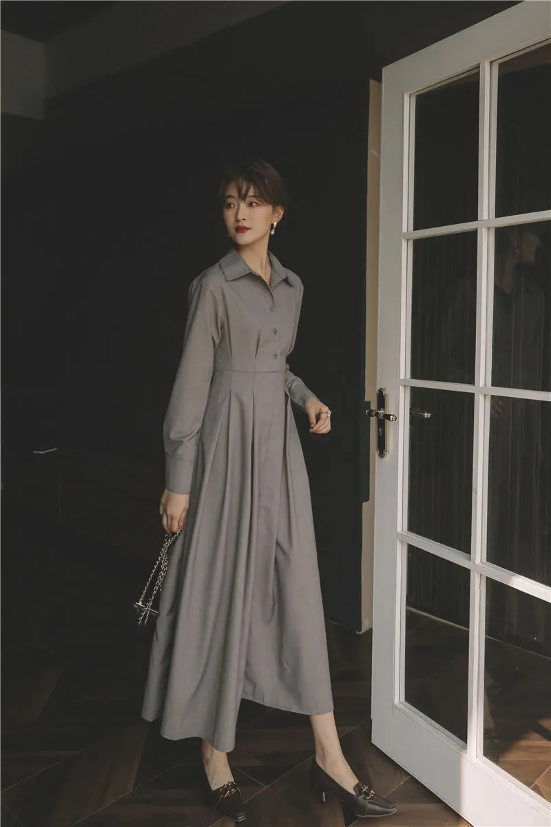XITAO Grey Vintage Dress Women Elegant Long Sleeve Dresses Turn Down Collar Slim Was Thin Temperament Women Clothes DMY2296