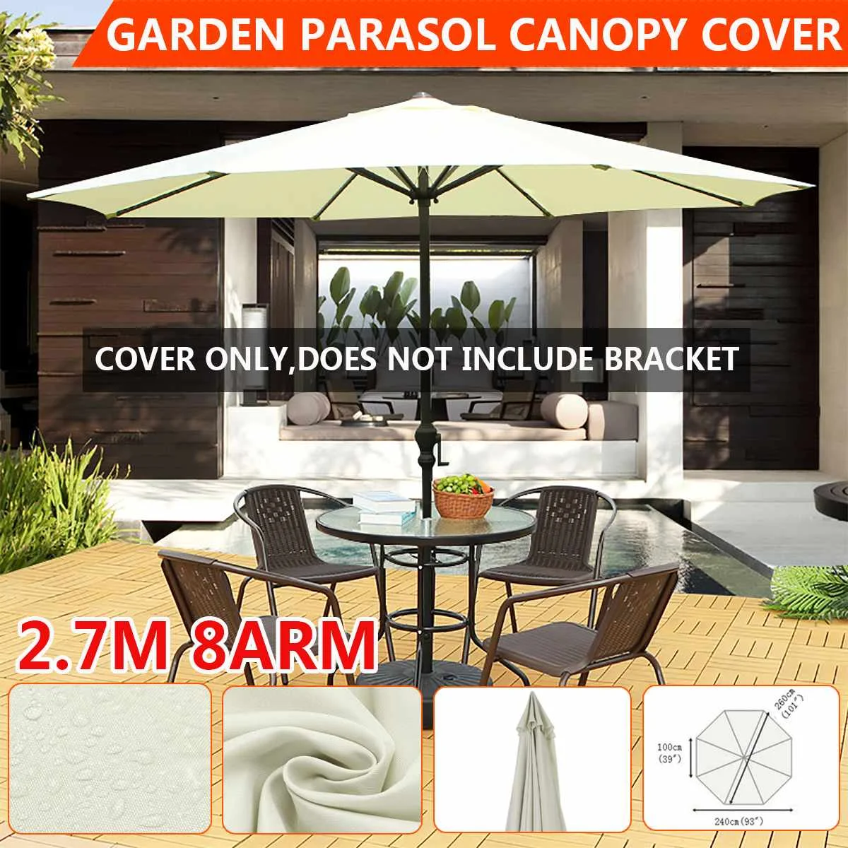 

Garden Parasol Canopy Cover 2.7M 6/8 Bones Waterproof Anti UV Outdoor Umbrella Cover Canopy Patio Awning Sun Shelter No Bracket