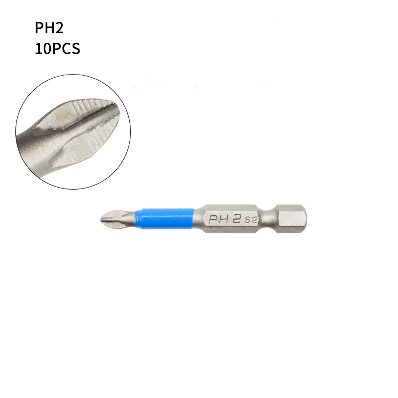 10Pcs PH2 50mm Магнитная отвертка Набор бит противоскользящие электрические электроинструменты ремонтные работы аксессуары электрическая дрель отвертка 50 мм 25 мм 10 шт - Цвет: 10Pcs PH2 50mm