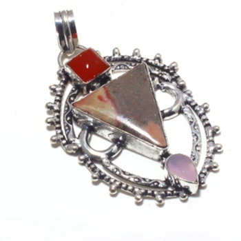 

Jasper + Carnelian Pendant Silver Overlay over Copper Jewelry Woman gift , 60 mm, P7921