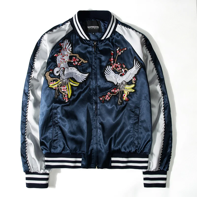 Chaqueta hombre, осенняя Мягкая тонкая куртка, Мужская куртка-бомбер, куртка с вышивкой Журавля, куртка-пилот, мотоциклетные куртки, мужские бейсбольные куртки - Цвет: Синий