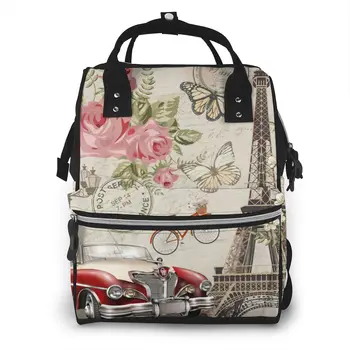 

Mummy Bag Vintage Paris Postcard Nappy Backpack Large Capacity Stroller Bag Mom Baby Multi-function Waterproof Diaper Bag