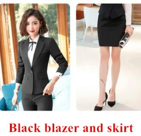 Black coat and skirt Новые Модные Элегантные женские брючные костюмы комплект из двух предметов деловой Тонкий Блейзер с длинными рукавами и брюки Офисная Женская рабочая одежда - Цвет: Black coat and skirt
