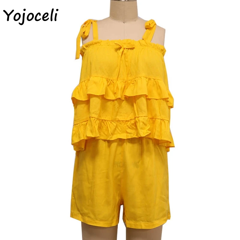 Yojoceli cute bow ruffle jumpsuit romper women two pieces set boho beach playsuit