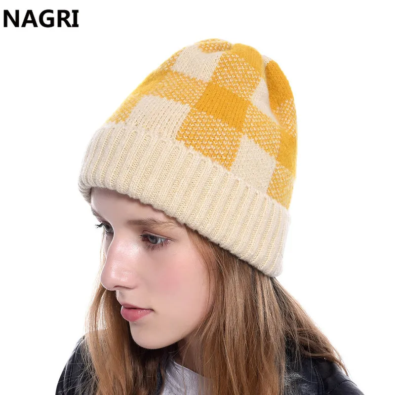 Женские вязаные шапочки в клетку, шапки Skullies, Зимняя шерстяная Толстая теплая мягкая акриловая вязаная шапка, Модная стильная повседневная дамская шляпа без полей