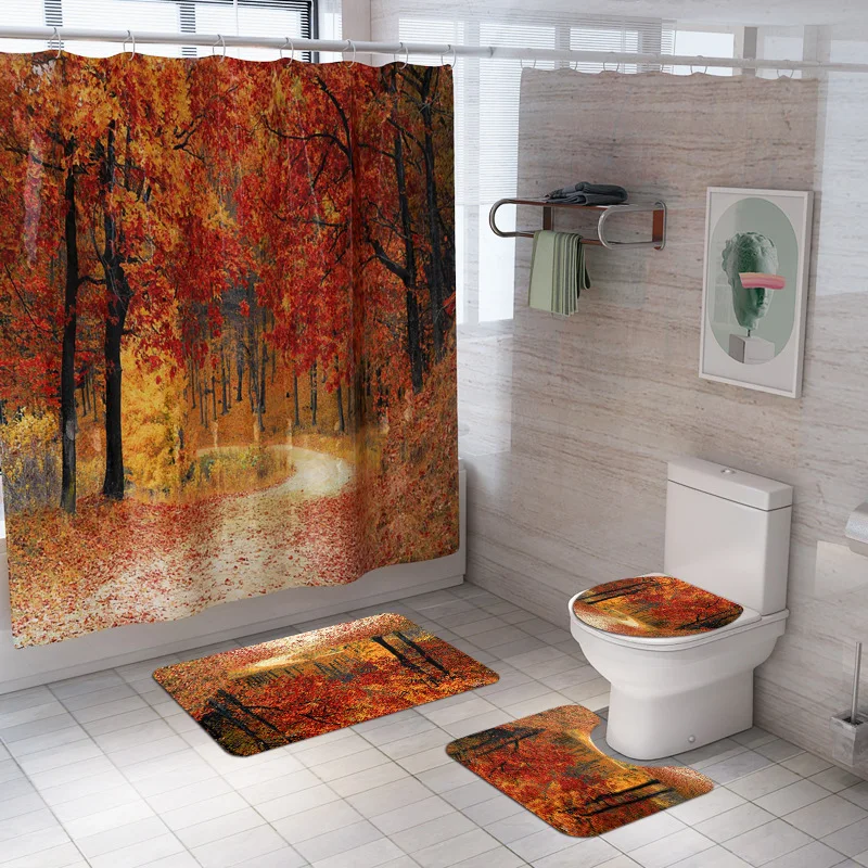 

Landscape Waterproof 3D Shower Curtain Autumn Forest Printed Bathroom Curtains Rug Sets Toilet Cover Bath Mat Set