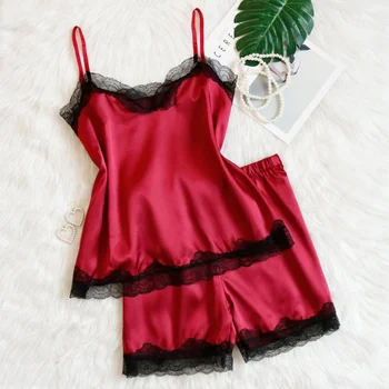 

Women Satin Sleepwear Sleeveless Strap Nightwear Lace Trim Satin Cami Top Pajama Sets Sexy Lingerie Homewear