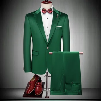 

HOHO 2020 New Style Green (Men's) Retro Suede Suit Youth Marriage Banquet Suit Two-Piece Set