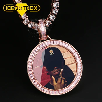 

Romantic Pink Baguette Crystal Custom Picture Pendant Memory Medallions Solid Men's Hip Hop Pendant Necklace Silver Tennis Chain