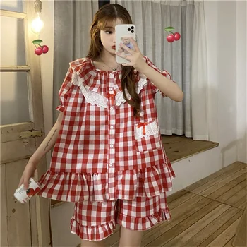 

Sweet Soft Girls Tracksuit Suit Cute Girl Plaid Printed Pajamas Home Service 2020 Summer O-Neck Lotus Leaf Woman Clothing Female