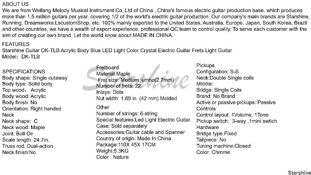 Guitar DK-TLB Acrylic Body Blue LED Light Color Crystal Electric Guitar Frets Light Guitar