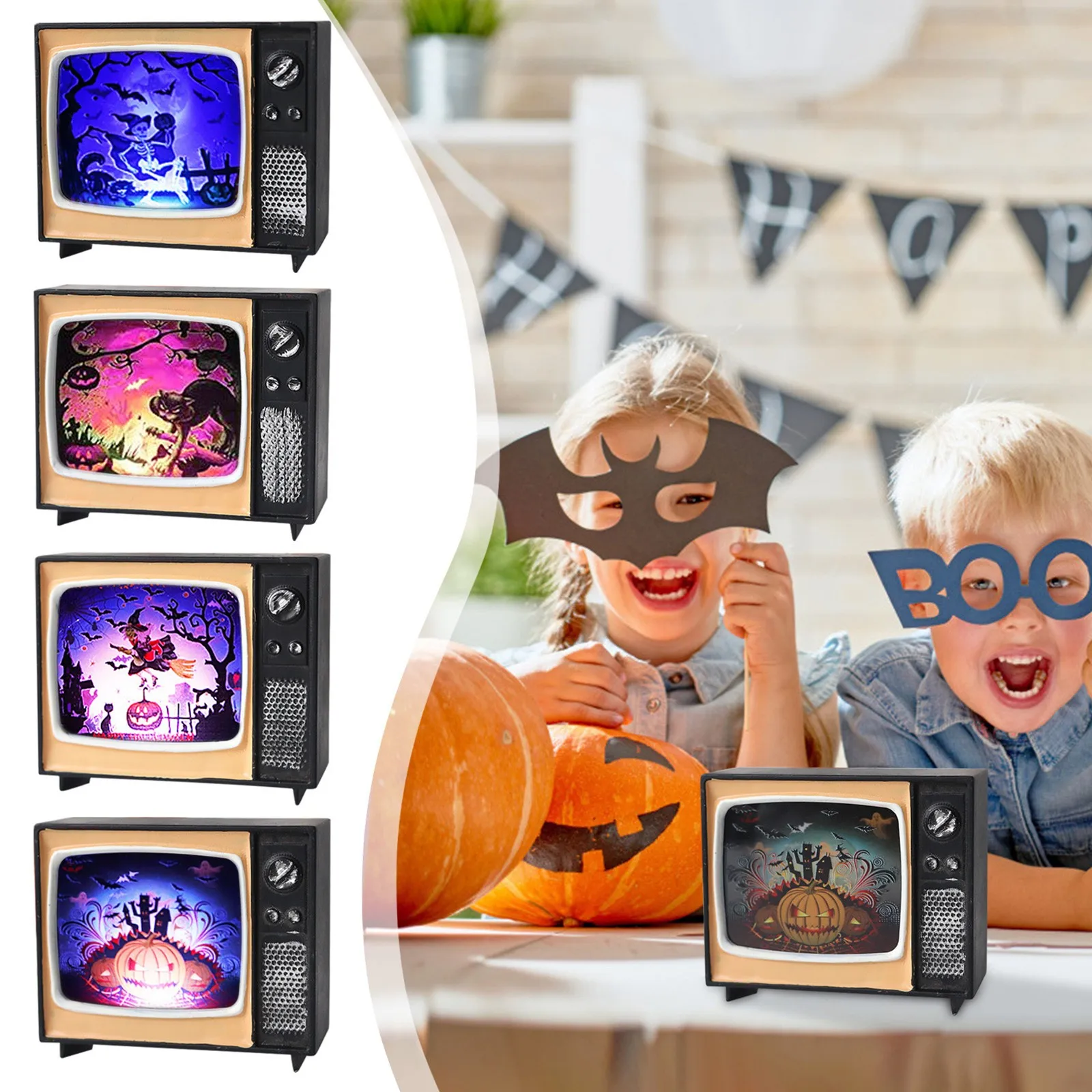 Mini Retro TV LED Light Halloween Decoration Unique Electronic Candle Witch Skeleton Changeable Color Lamp Gift | Дом и сад