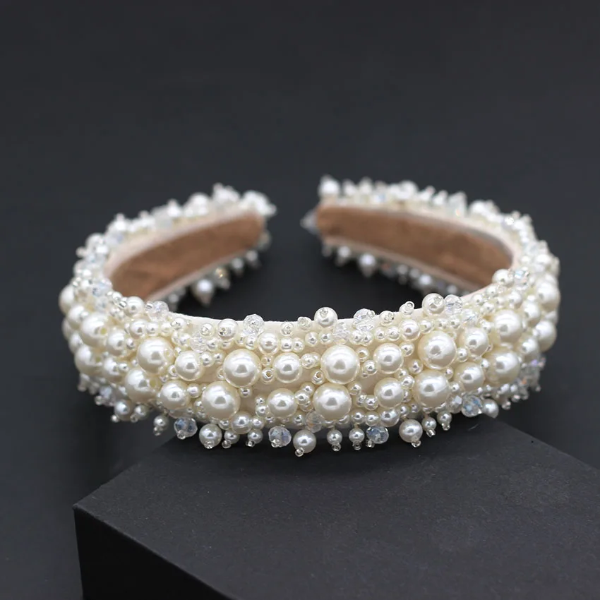 Hair Accessory New White Handmade Shining Full Small Pearl Crystal Beaded Flower Catwalk Headband Hair Accessories Bridal Headwear735