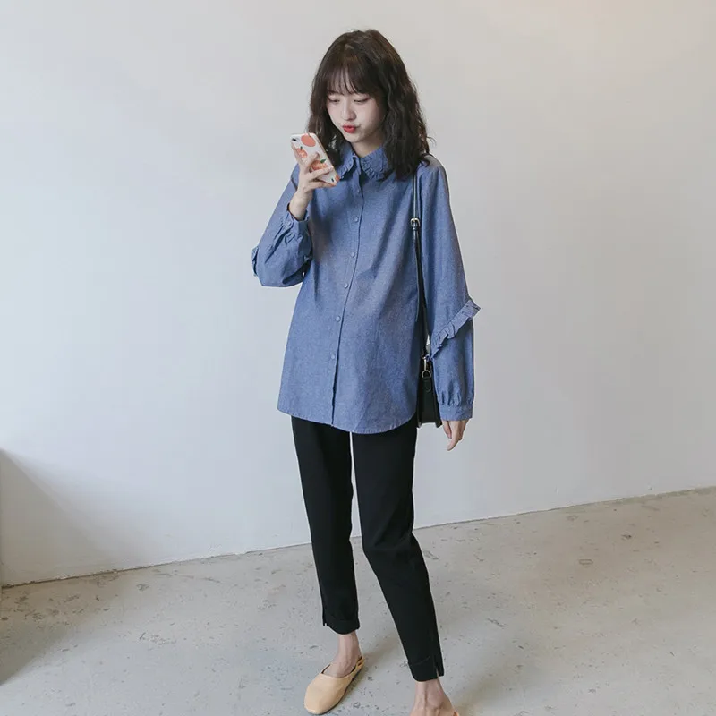 Maternity Long Sleeve Solid Color Cowboy Blouse Elegant SpringAutumn Pregnant Women Loose Shirts Single-Breasted Pregnancy Tops